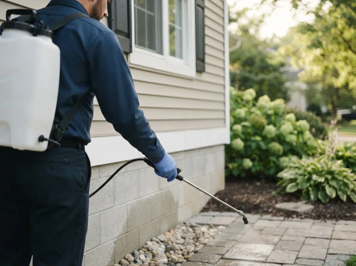 Pest control technician inspecting a home in Black River Falls, WI